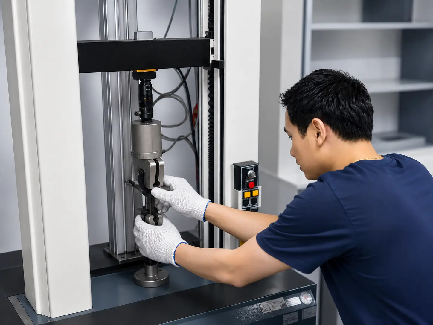 Technician operating a Universal Testing Machine at Taido's lab
